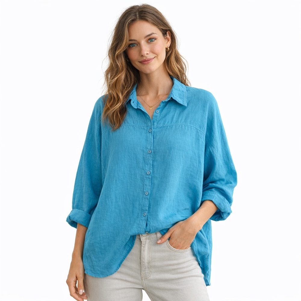 Flax Dramatic Shirt Caribbean Blue Linen Oversized 3/4 Drip Sleeve Button Down
